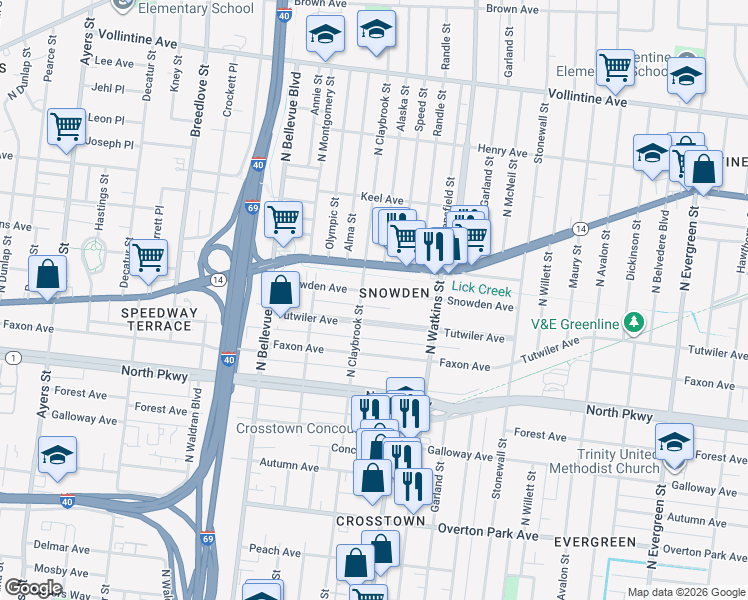 map of restaurants, bars, coffee shops, grocery stores, and more near 656 North Claybrook Street in Memphis