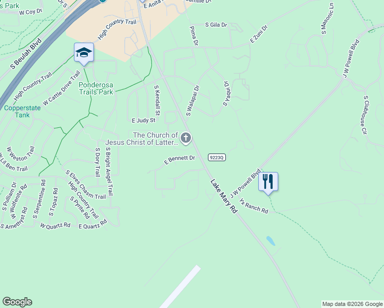 map of restaurants, bars, coffee shops, grocery stores, and more near 536 East Bennett Drive in Flagstaff