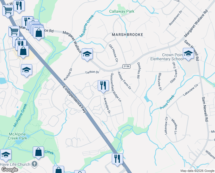 map of restaurants, bars, coffee shops, grocery stores, and more near 8045 Stoneham Court in Matthews