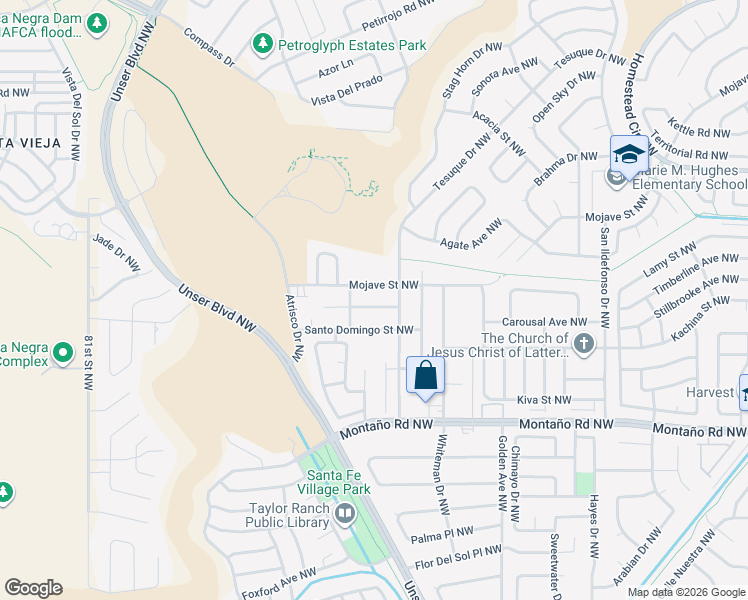 map of restaurants, bars, coffee shops, grocery stores, and more near 6339 Pima Place Northwest in Albuquerque