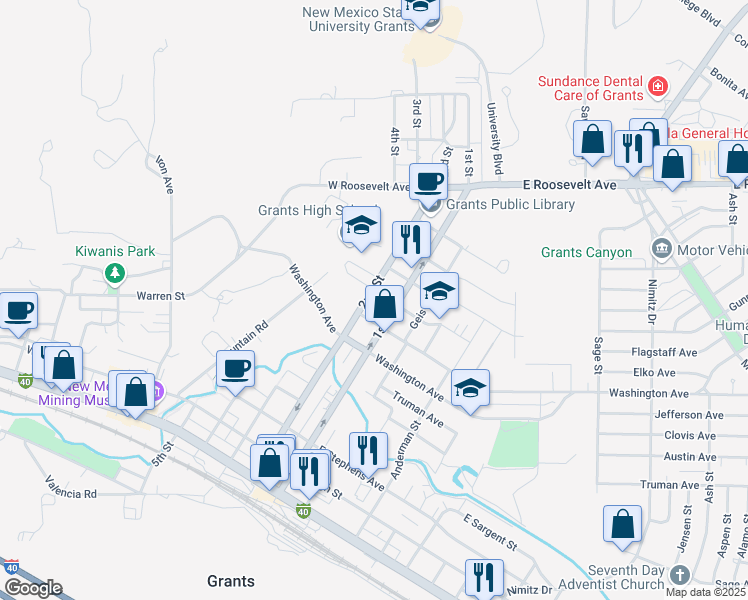 map of restaurants, bars, coffee shops, grocery stores, and more near 730 2nd Street in Grants