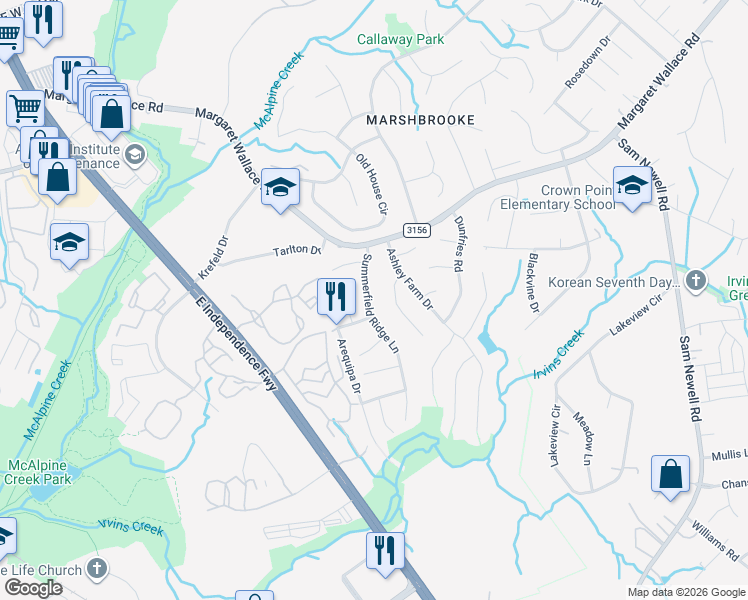 map of restaurants, bars, coffee shops, grocery stores, and more near 9918 Patrick Springs Court in Matthews