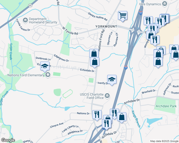 map of restaurants, bars, coffee shops, grocery stores, and more near 115 Echodale Drive in Charlotte