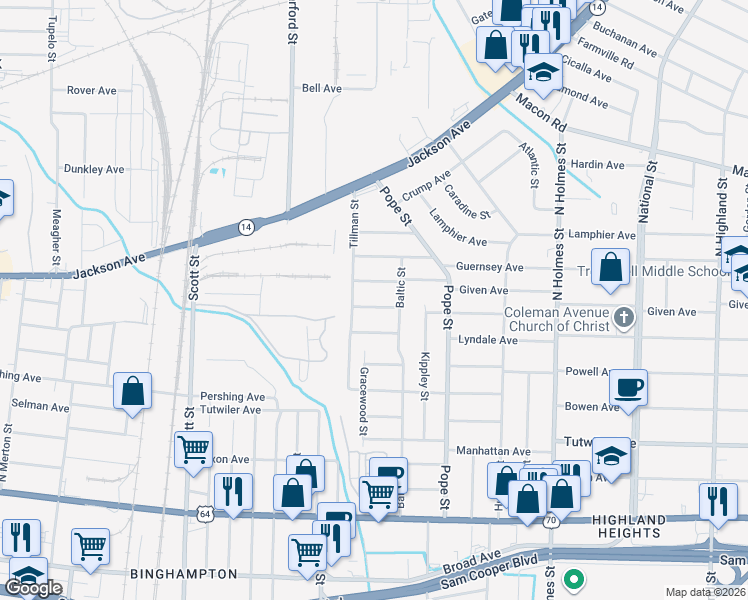 map of restaurants, bars, coffee shops, grocery stores, and more near 3038 Coleman Avenue in Memphis