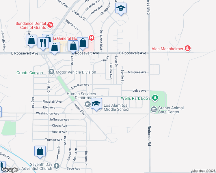 map of restaurants, bars, coffee shops, grocery stores, and more near 1136 El Capitan Loop in Grants