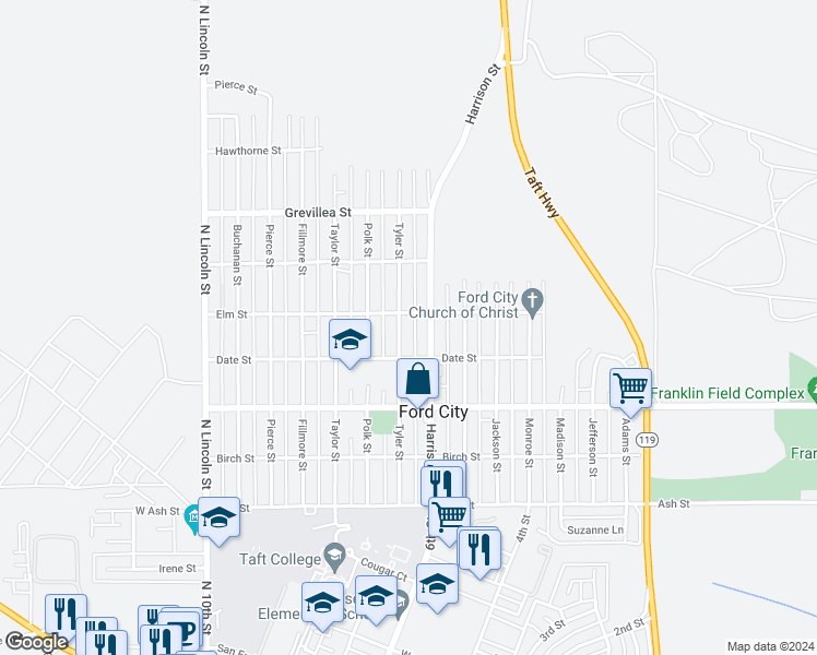map of restaurants, bars, coffee shops, grocery stores, and more near 412 Tyler Street in Taft