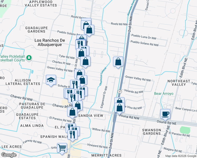 map of restaurants, bars, coffee shops, grocery stores, and more near 6741 Enchanted Valley Road Northwest in Los Ranchos de Albuquerque