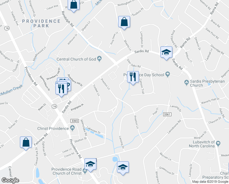 map of restaurants, bars, coffee shops, grocery stores, and more near 5717 Preston Lane in Charlotte