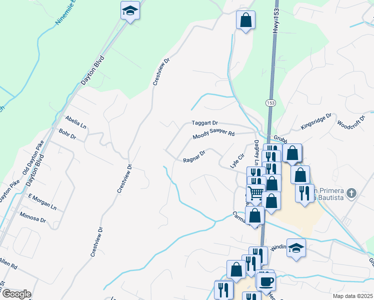 map of restaurants, bars, coffee shops, grocery stores, and more near 5706 Moody Sawyer Road in Chattanooga