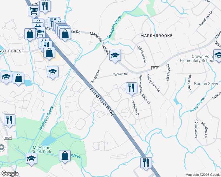 map of restaurants, bars, coffee shops, grocery stores, and more near 8118 Woodway Oak Circle in Matthews