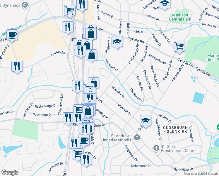 map of restaurants, bars, coffee shops, grocery stores, and more near 1500 Wensley Drive in Charlotte