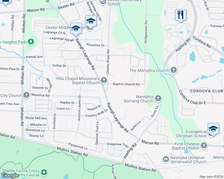 map of restaurants, bars, coffee shops, grocery stores, and more near 7153 Charlton Way in Shelby County