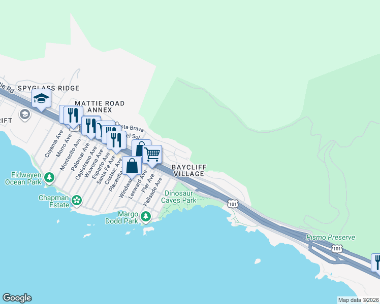 map of restaurants, bars, coffee shops, grocery stores, and more near 1253 Costa Brava in Pismo Beach