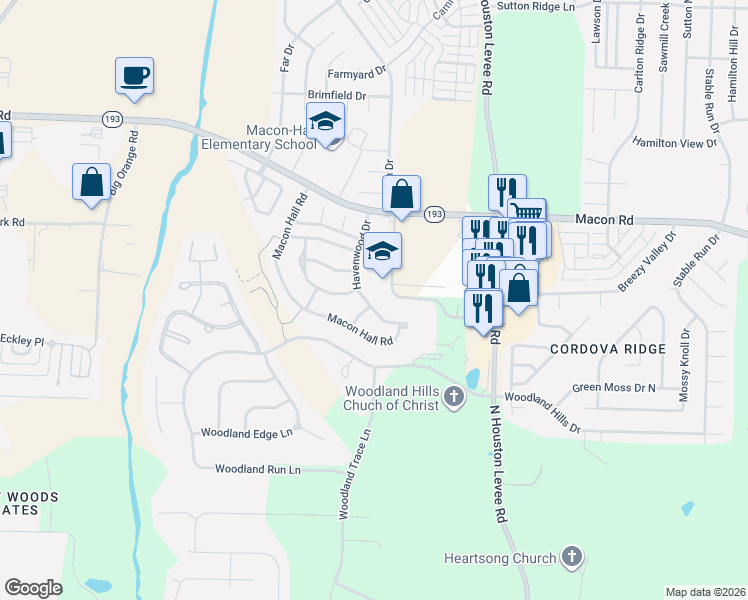 map of restaurants, bars, coffee shops, grocery stores, and more near 1166 Havenwood Drive in Shelby County