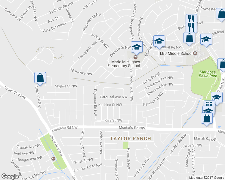map of restaurants, bars, coffee shops, grocery stores, and more near 6124 Thunderbird Circle Northwest in Albuquerque