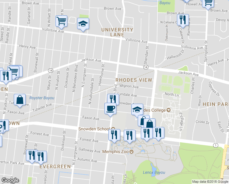 map of restaurants, bars, coffee shops, grocery stores, and more near 717 North McLean Boulevard in Memphis