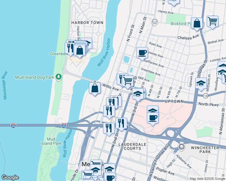 map of restaurants, bars, coffee shops, grocery stores, and more near 440 North Front Street in Memphis