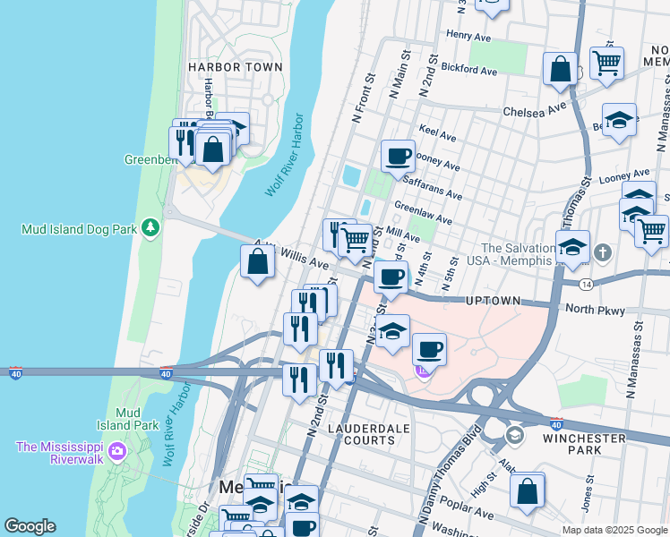 map of restaurants, bars, coffee shops, grocery stores, and more near 95 A.W. Willis Avenue in Memphis