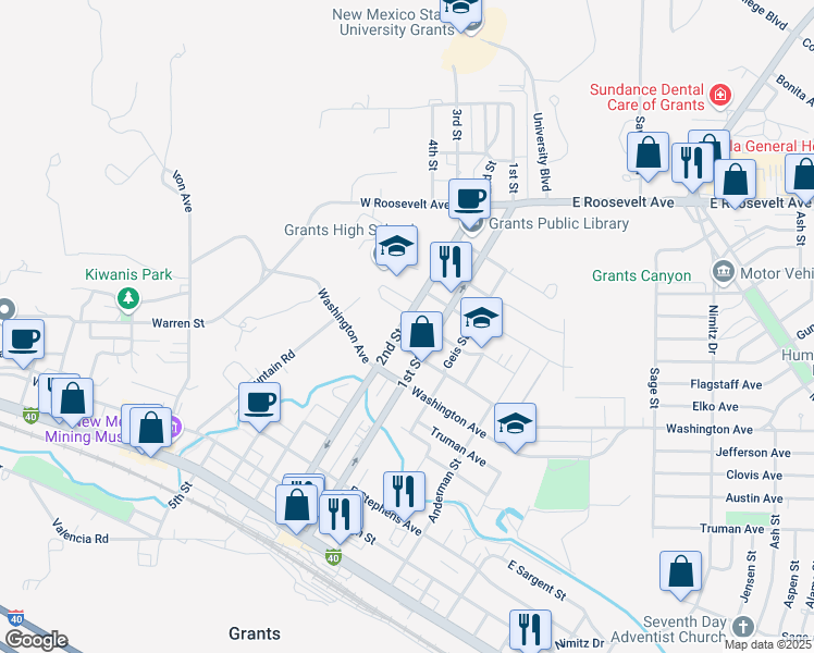 map of restaurants, bars, coffee shops, grocery stores, and more near 730 2nd Street in Grants