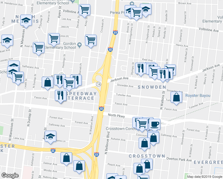 map of restaurants, bars, coffee shops, grocery stores, and more near 1176 Tutwiler Avenue in Memphis