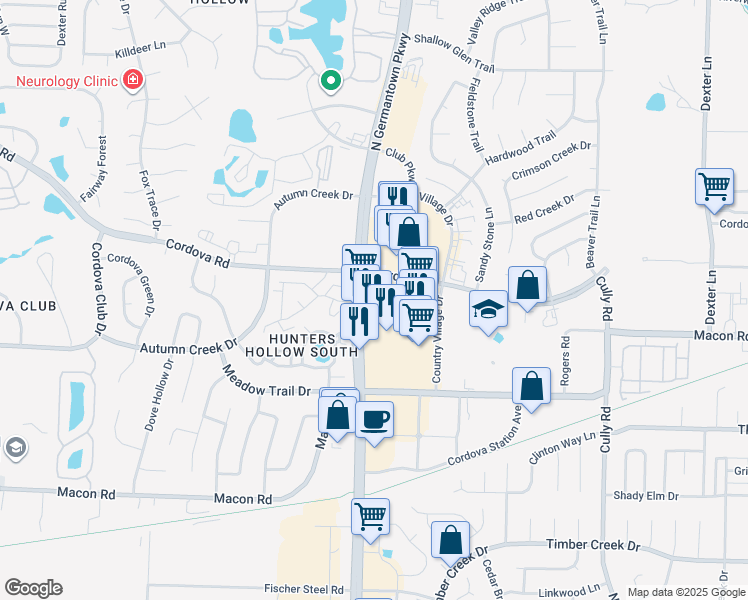 map of restaurants, bars, coffee shops, grocery stores, and more near 1130 North Germantown Parkway in Memphis