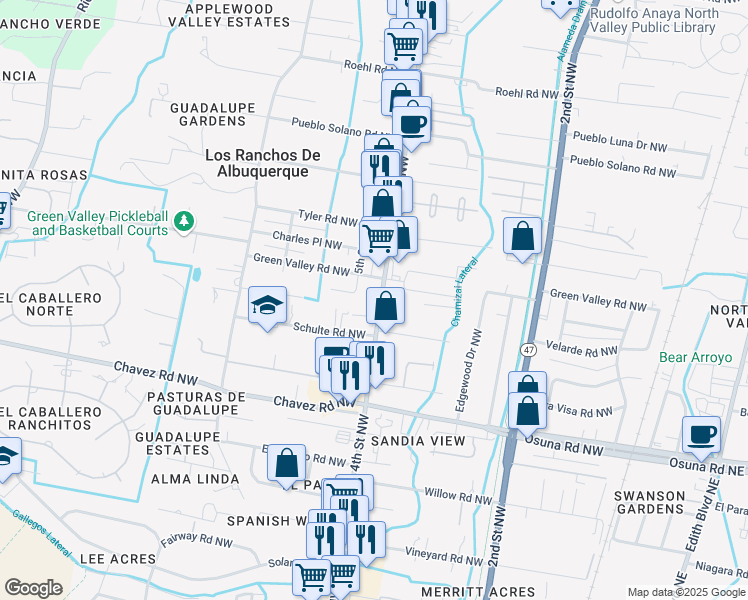 map of restaurants, bars, coffee shops, grocery stores, and more near 6729 4th Street Northwest in Los Ranchos de Albuquerque
