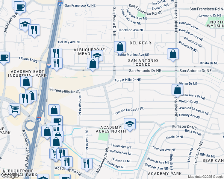 map of restaurants, bars, coffee shops, grocery stores, and more near 6421 Pine Park Place Northeast in Albuquerque