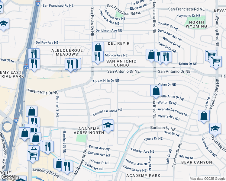 map of restaurants, bars, coffee shops, grocery stores, and more near 6556 Pine Park Place Northeast in Albuquerque