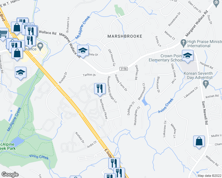 map of restaurants, bars, coffee shops, grocery stores, and more near 3420 Summerfield Ridge Lane in Matthews