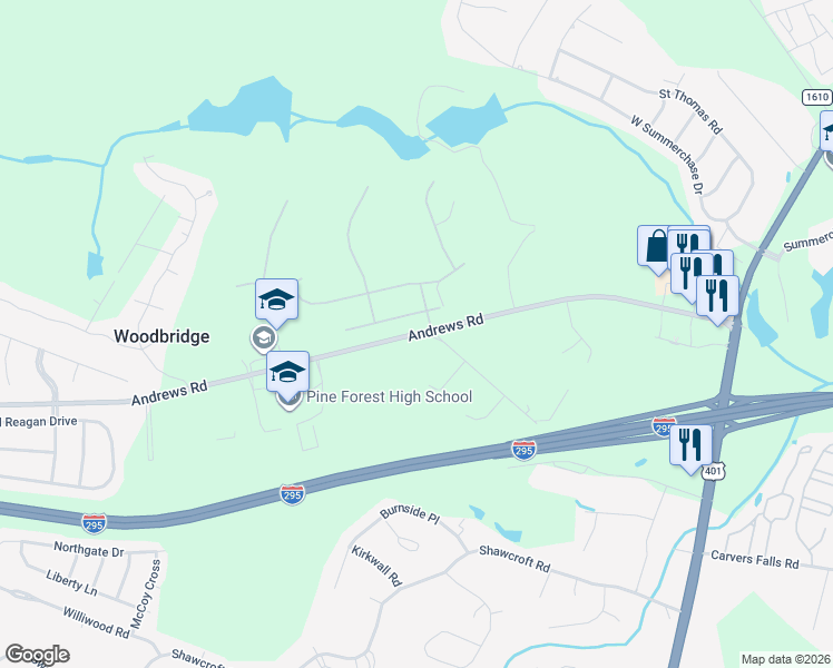 map of restaurants, bars, coffee shops, grocery stores, and more near 401 Andrews Road in Fayetteville