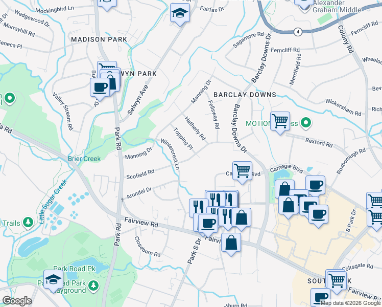 map of restaurants, bars, coffee shops, grocery stores, and more near 331 Scofield Road in Charlotte