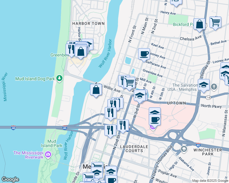 map of restaurants, bars, coffee shops, grocery stores, and more near 102 A.W. Willis Avenue in Memphis
