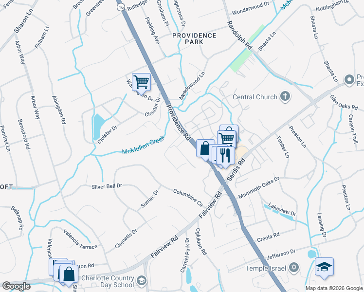 map of restaurants, bars, coffee shops, grocery stores, and more near 5350 Pinehurst Park Drive in Charlotte