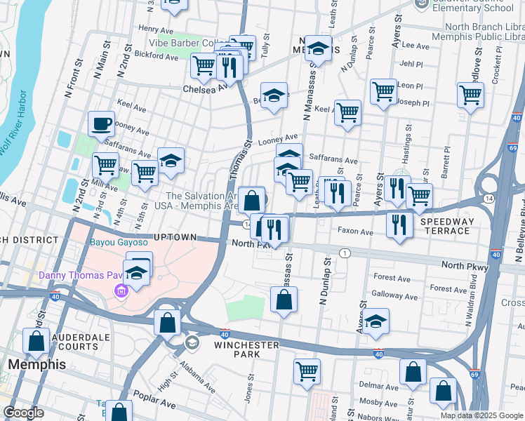 map of restaurants, bars, coffee shops, grocery stores, and more near 696 Jackson Avenue in Memphis