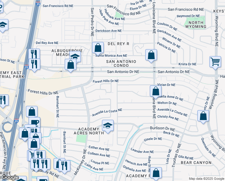 map of restaurants, bars, coffee shops, grocery stores, and more near 6556 Pine Park Place Northeast in Albuquerque