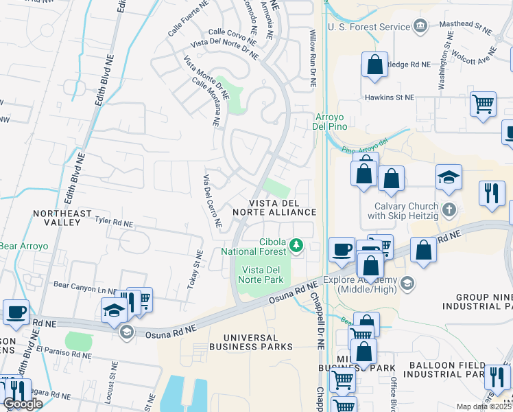 map of restaurants, bars, coffee shops, grocery stores, and more near 6800 Vista Del Norte Road Northeast in Albuquerque