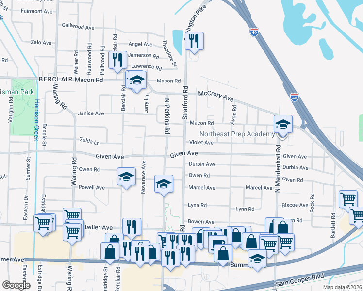 map of restaurants, bars, coffee shops, grocery stores, and more near 950 Stratford Road in Memphis