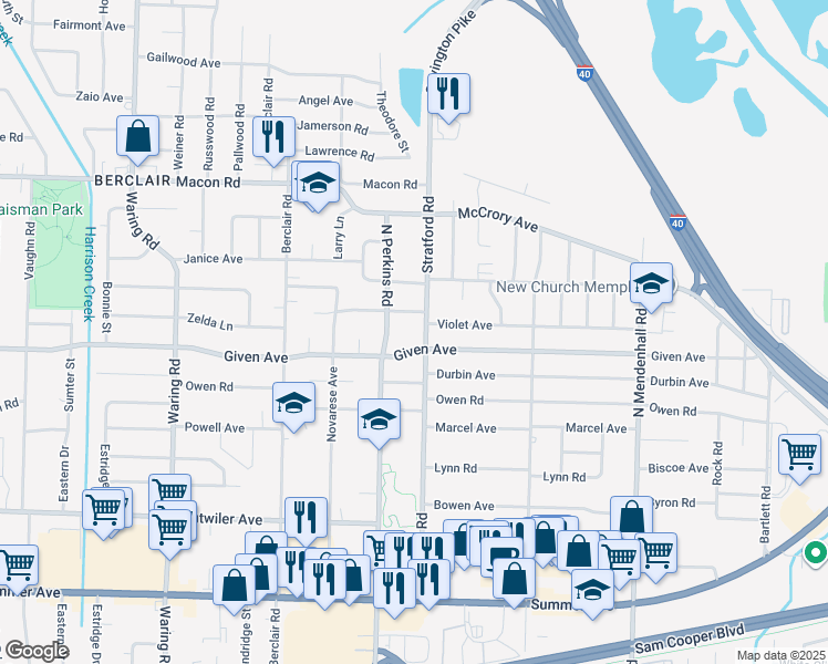 map of restaurants, bars, coffee shops, grocery stores, and more near 948 North Perkins Road in Memphis