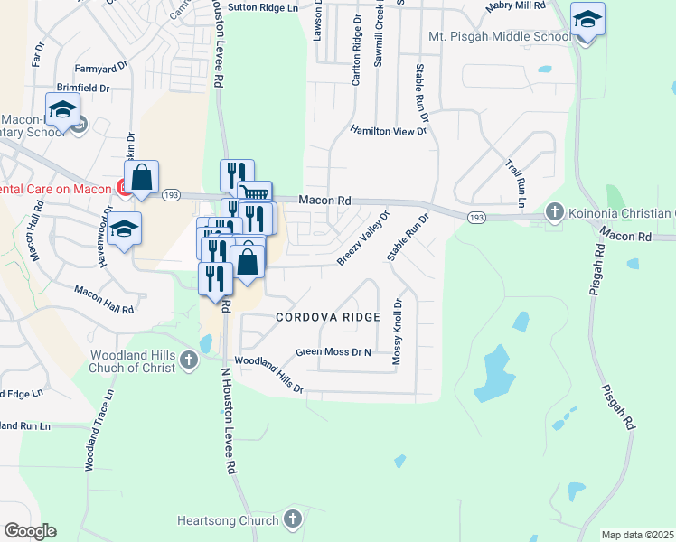 map of restaurants, bars, coffee shops, grocery stores, and more near 1174 Breezy Valley Drive in Shelby County