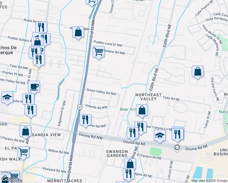 map of restaurants, bars, coffee shops, grocery stores, and more near 101 Green Valley Road Northwest in Los Ranchos de Albuquerque