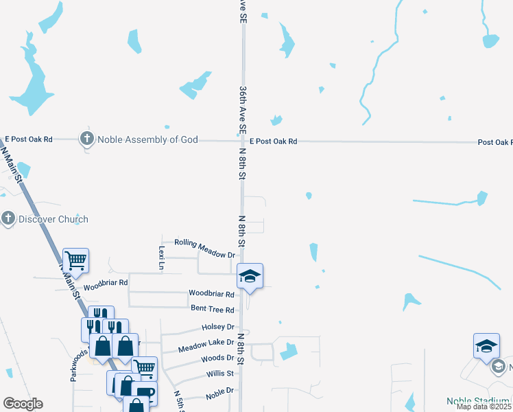 map of restaurants, bars, coffee shops, grocery stores, and more near 1501 North 8th Street in Noble