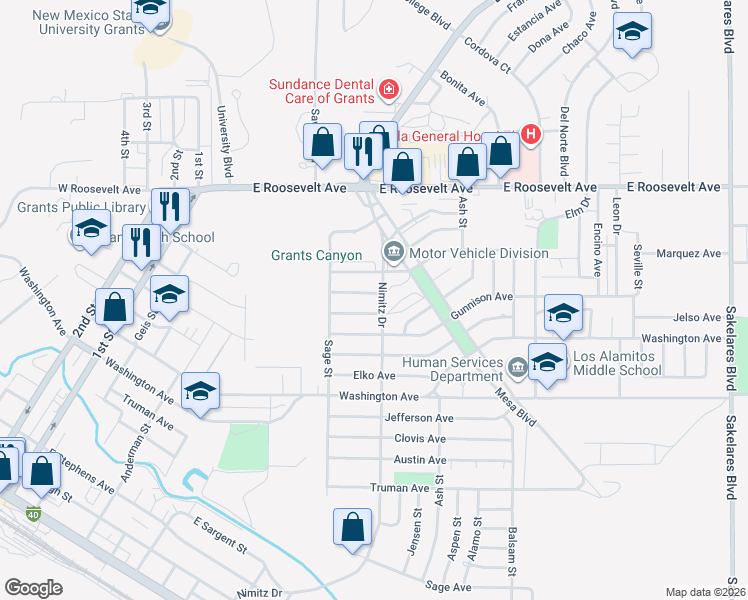 map of restaurants, bars, coffee shops, grocery stores, and more near 633 Jackson Avenue in Grants
