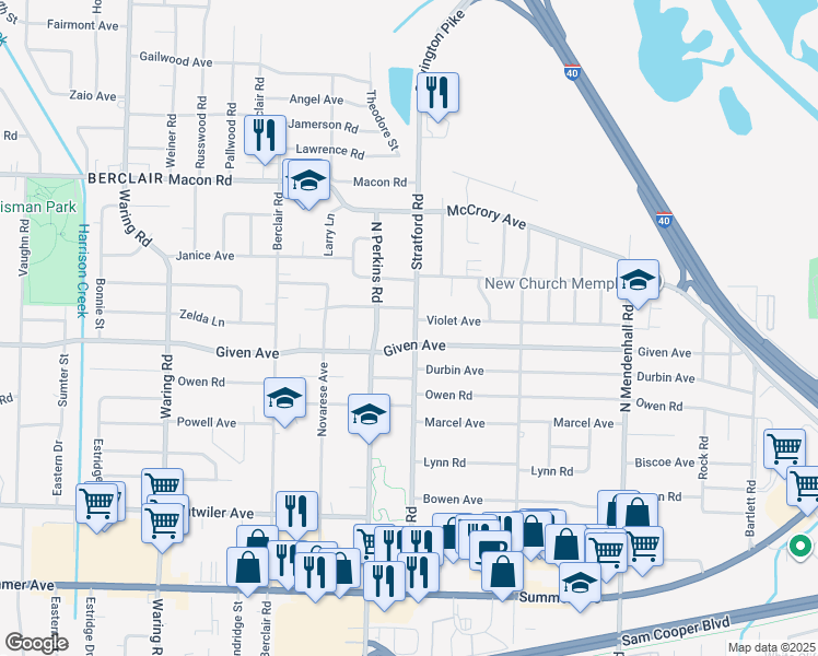 map of restaurants, bars, coffee shops, grocery stores, and more near 950 Stratford Road in Memphis