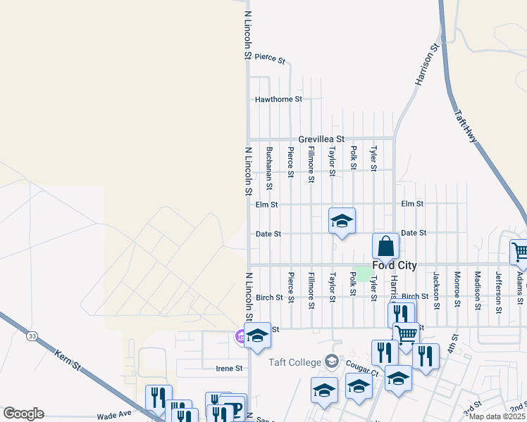 map of restaurants, bars, coffee shops, grocery stores, and more near 411 Buchanan Street in Taft