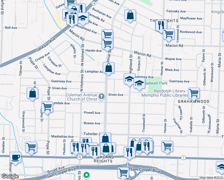 map of restaurants, bars, coffee shops, grocery stores, and more near 914 National Street in Memphis
