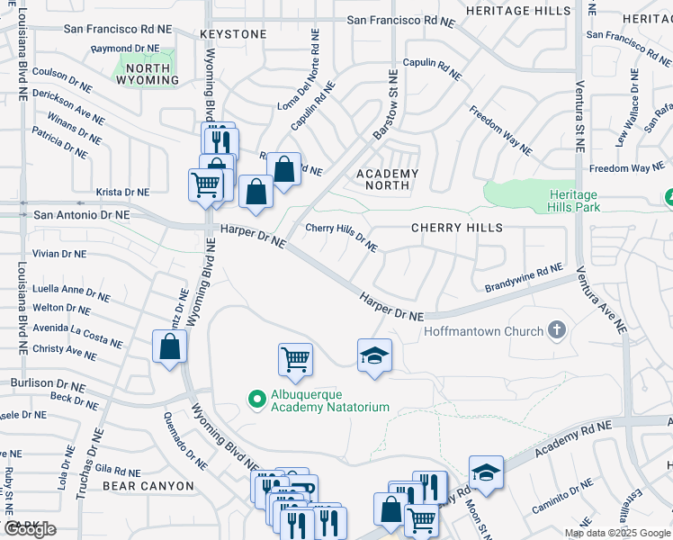 map of restaurants, bars, coffee shops, grocery stores, and more near 6900 Cherry Hills Place Northeast in Albuquerque