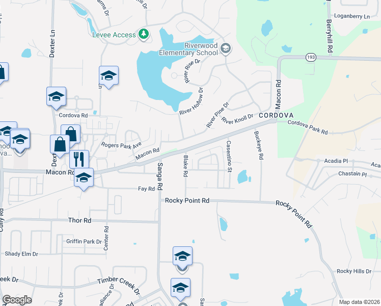 map of restaurants, bars, coffee shops, grocery stores, and more near 1158 Blake Road in Memphis