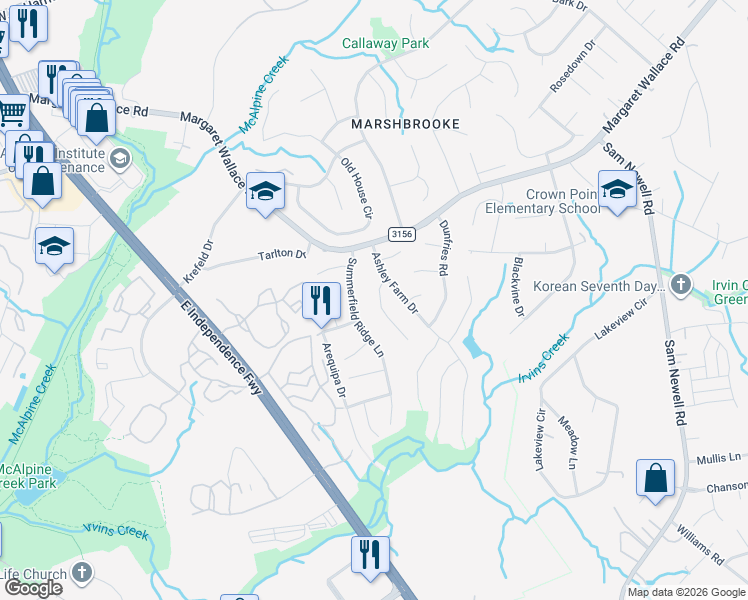 map of restaurants, bars, coffee shops, grocery stores, and more near 9914 Patrick Springs Court in Matthews