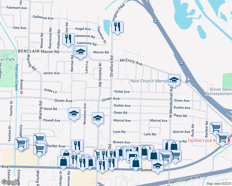 map of restaurants, bars, coffee shops, grocery stores, and more near 950 Stratford Road in Memphis