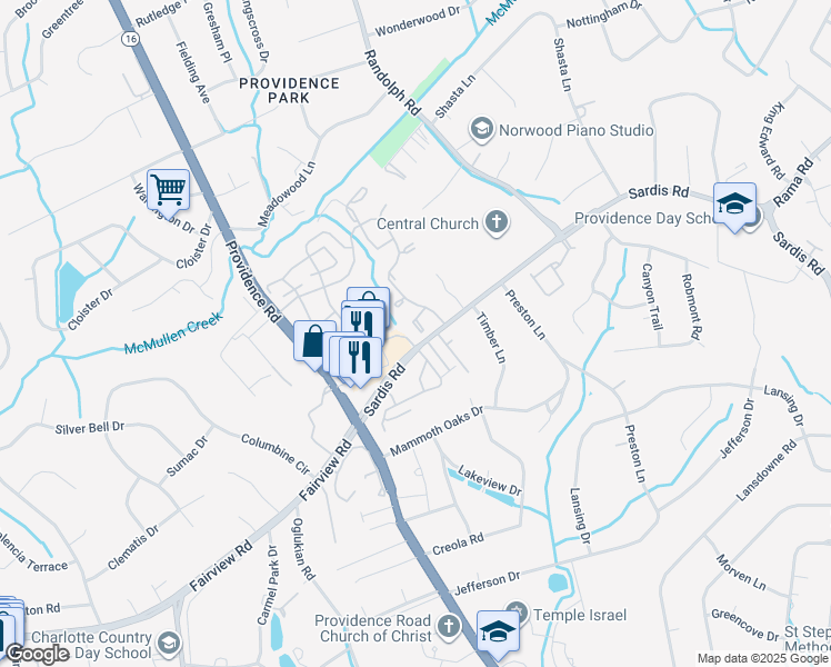 map of restaurants, bars, coffee shops, grocery stores, and more near 5640 Strawberry Hill Drive in Charlotte